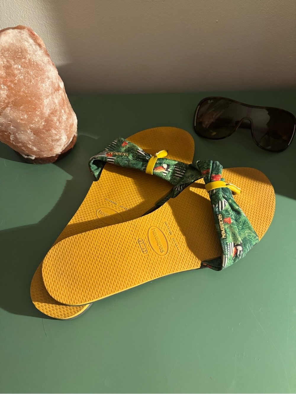 Havaianas Yellow Footbed Sandals with Green Tropical Straps